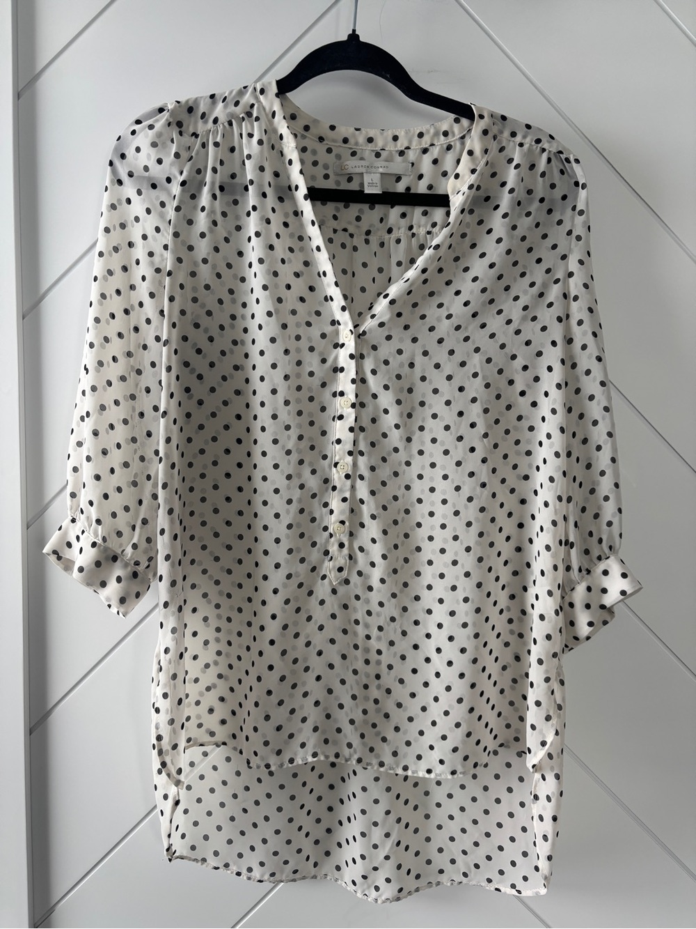 LC Lauren Conrad White and Black Polka Dot V-Neck Sheer Blouse
